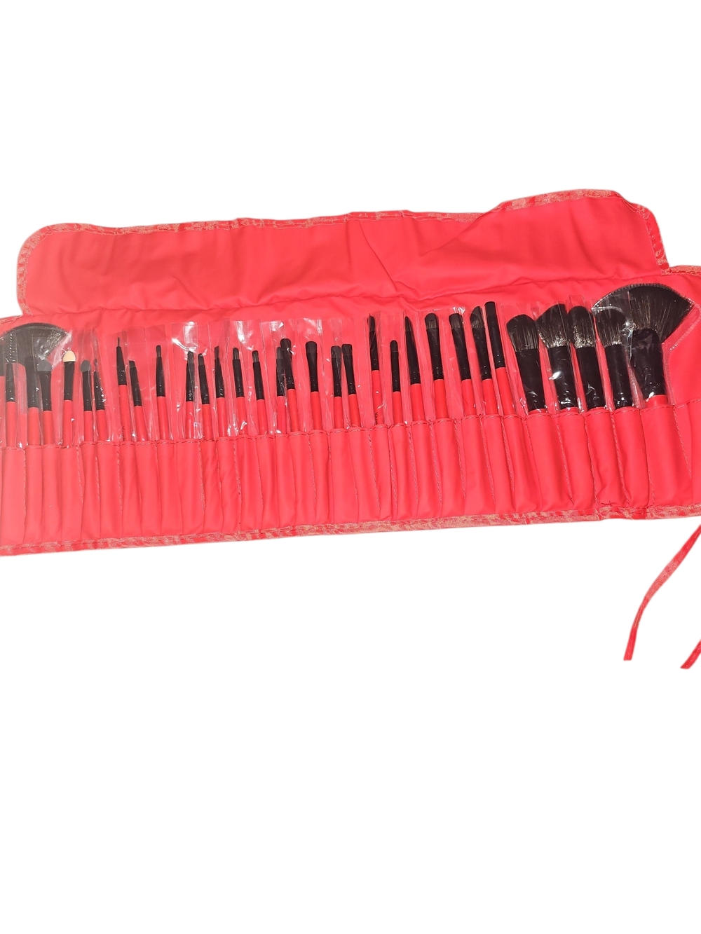 Professional 32-Piece Red Makeup Brush Set with Roll Case